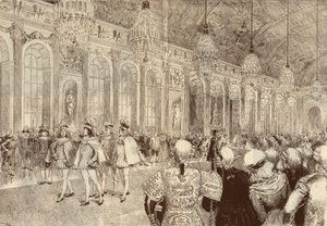 1789年五旬节当天，圣灵骑士团（Holy Spirit）在凡尔赛城堡的冰廊中的游行。阿德里安-玛丽1889年绘制的图画。 作者 艾德里安·伊曼纽尔·玛丽