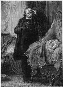 维克多-雨果在观察一个睡在摇篮里的孩子。维克多-雨果（1802-1885）的《犯罪史》插图。插图：M. A. Marie