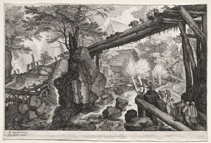 八个波希米亚风光：白内障上的木桥景观，c。 1610-1615。
