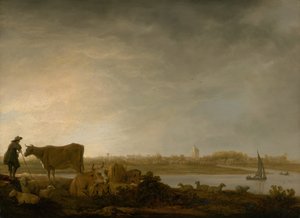 维安恩与河边的牧民和牛的景色，约164345。 作者 艾伯特·奎普（Aelbert Cuyp）