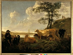 Rhenen附近的风景：放牧的奶牛和吹笛子的牧羊人 阿尔伯特（Aelbert或Aelbrecht）-库伊普（1620-1691）的画作