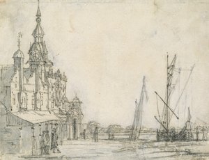 从东北方向，多德雷赫特，1618年的Groothoofdspoort的视图（粉笔在纸上） 作者 艾伯特·奎普（Aelbert Cuyp）