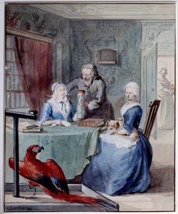一位博物学家向两名妇女展示了一个罐子，前景是一只鹦鹉。 Aert Schouman (1710-1792) 18 世纪的水彩画。 0,24x0,2 m 巴黎，卢浮宫