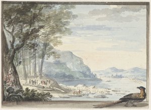 河流景观，前景是一只田鸡