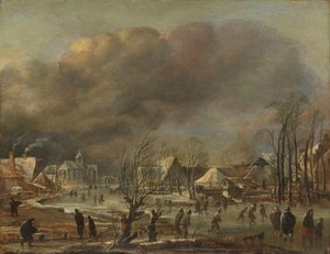 冬季景观与教堂和农舍 作者 Aert van der Neer (人)