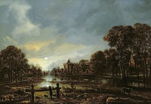 月光河景观与树木繁茂的银行的别墅 作者 Aert van der Neer