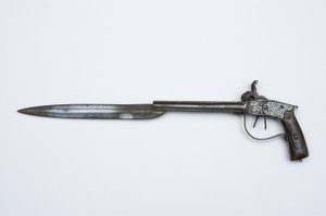 双管打击乐器手枪，c.1840（钢，黄铜和号角）