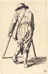 拄着拐杖和帽子的乞丐，背影