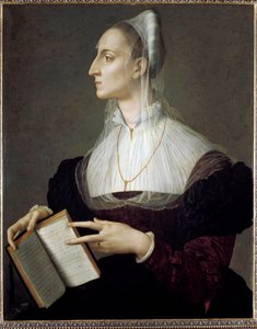 意大利女诗人劳拉·巴蒂费里 (Laura Battiferri) 朗读彼特拉克十四行诗的肖像（画板上的油彩） 作者 Agnolo Bronzino