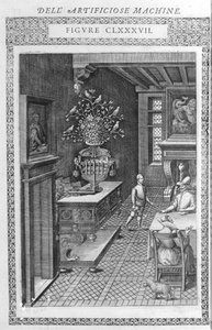 Fountain with fake birds singing. This is a project by Agostino Ramelli, according to “” Diverse and Artificiosis Machine””. Milan 1600. 作者 Agostino（之后）Ramelli