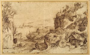 坚固港口的下景（纸上钢笔和棕色墨水 作者 Agostino (attr. To) Carracci