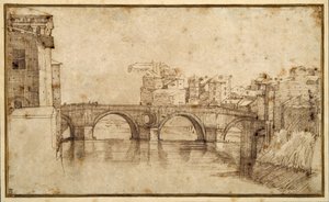 罗马的提伯利亚岛（纸上钢笔和棕色墨水 作者 Agostino (attr. To) Carracci