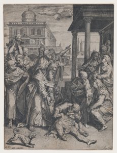 圣保罗抬起趴在地上的帕特洛克罗斯，周围是一群围观者，...，1583年。