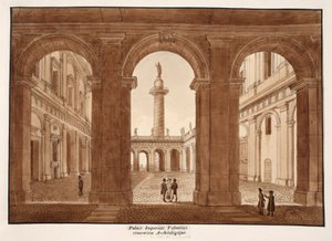 Palazzo Imperiali Valentini。考古修复，1833年（用棕色水洗蚀刻） 作者 阿戈斯蒂诺·托法内利