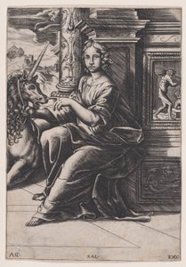 贞洁，一个女人坐着，她的右边是一只独角兽，约1515-30。 作者 阿戈斯蒂诺·韦内齐亚诺