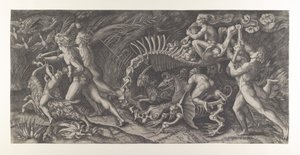 Lo Stregozzo：一个女巫骑在动物的骨架上，前面是两个男人和......，约1515-25。