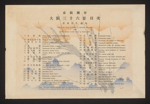 大阪三十六景
赤松恋作的大阪三十六景，附青木格图的俳句（标题见实物）
Zesendertig gezichten van Osaka（系列标题）
Ôsaka sanjûrokkei（物上的系列标题） 作者 赤松凛作