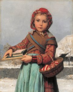 有板岩和缝合的篮子的女小学生。 1878年 作者 阿尔伯特·安克