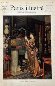 中国的小饰品 一位身着东方服装的欧洲妇女在观察她收藏的中国物品。插图由阿尔伯特-奥布莱（1851-1938）绘制。1887年在《巴黎画报周刊》上的版画。 作者 阿尔伯特·奥伯特
