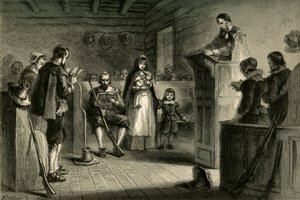 朝圣者在普利茅斯举行的公共崇拜，1877年。
