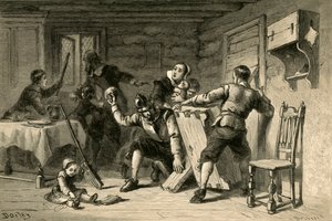 清教徒针对印第安人设防他们的房屋，1877年。