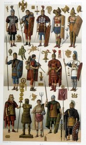 古罗马士兵、战士和角斗士的服装、盔甲和武器——在 Racinet 的“历史服装”中