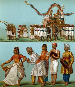印度，游行，音乐，舞蹈，由奥古斯特-拉西内（1825-1893）创作，石版画来自《服装史》，第一卷 作者 Albert Charles August Racinet