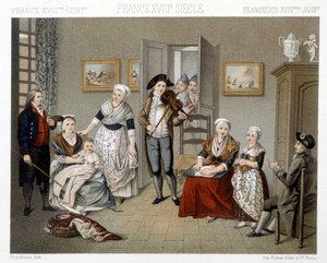 Musicians playing their intrusion for a family inside a house. Illustration in “” Le costume historique”” by Racinet 作者 阿尔伯特·查尔斯·奥古斯特·拉西内