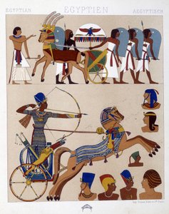 Reproduction of frescoes of ancient Egypt including Ramses II on his tank - in “The historical costume”” by Racinet 作者 阿尔伯特·查尔斯·奥古斯特·拉西内
