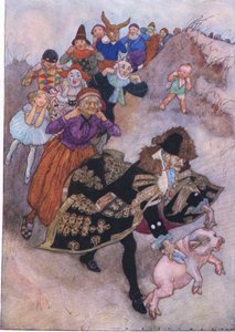 在他们前面有一位绅士在驾驭一头猪，出自 The Water Babies 酒吧，汉弗莱·米尔福德 (Humphrey Milford) 牛津大学出版社，约 1930 年（彩色平版印刷） 作者 阿尔伯特·爱德华·杰克逊