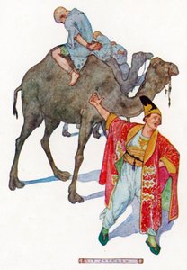 各骑一匹骆驼，面朝尾部（彩色石版印刷）