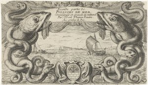 海景，边框为海洋生物和渔网
鱼类和其他海洋生物 - 海水第二系列（系列名称）
Poissons de mer（物体上的系列名称） 作者 阿尔伯特·弗拉芒（Albert Flemish）