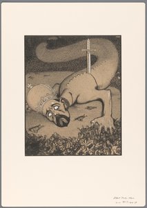政治漫画设计：被正义之剑刺伤的头戴王冠的蛇