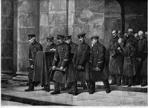 一个残疾人的葬礼。法国士兵在巴黎士兵教堂（Saint Louis des Invalides）的葬礼上抬着一名士兵的棺材。根据阿尔伯特-皮埃尔-达旺（1852-1923）在《世界插图》中的画作雕刻的。