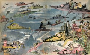 期待：设计师阿尔伯特-罗比达（Albert Robida）于 1900 年设计的巴黎歌剧院将于 2000 年面世。巴黎人在各种空中交通工具中穿梭。 作者 阿尔伯特·罗比达