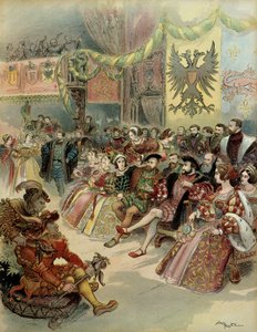 1539 年，巴尔在法国国王弗朗索瓦一世（1494-1547 年）的宫廷中，西班牙国王查理五世（1500-1558 年）和神圣罗马帝国日耳曼帝国皇帝在场，1539 年在枫丹白露城堡。 插图 作者 阿尔伯特·罗比达