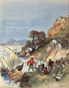巴巴里海盗在地中海沿岸制造恐怖，绑架居民作为奴隶出售，插图来自乔治·G·图杜兹 (George G. Toudouze) 的《弗朗索瓦一世：Le Roi Chevalier》，酒吧。 1909 年（彩色平版印刷） 作者 阿尔伯特·罗比达