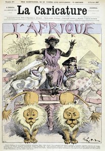 Cartoon on colonialism in Africa “” Great unpacking of African colonial novelties, make your choice! A whole continent to share, great occasions, slices of Congo, pieces of Guinea” by Robida - in “” La Caricature”” from 05/02/1887 作者 阿尔伯特·罗比达