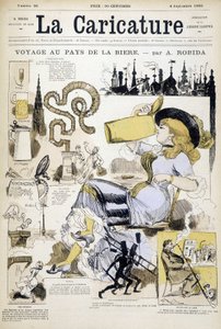 与喝啤酒杯的女人一起编辑 Robida - couv。 在 1880 年 4 月 9 日的“漫画漫画”中。 作者 阿尔伯特·罗比达