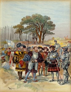第五次意大利战争（1515-1516）：在米兰（意大利）前从Bicocca（bicoque）撤退的营地，1516年，瑞士人索要报酬，conge或战斗，Odet de Foix，Viscount de Lautrec，法国元帅 (1485-1528) 无法支付他们。 插图 作者 阿尔伯特·罗比达