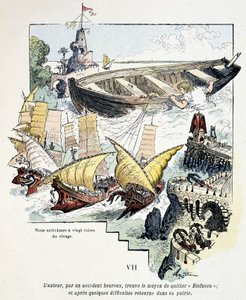 格列佛和他的巨船在小人国的港口——在乔纳森·斯威夫特 (Jonathan Swift) 的“”Voyages de Gulliver”（1721 年）中，生病了。 罗比达 作者 阿尔伯特·罗比达