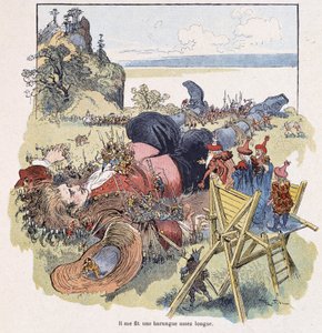 Gulliver tied up by the Lilliputians - in “” Gulliver Voyages”” by Swift, ill. by Robida 作者 阿尔伯特·罗比达