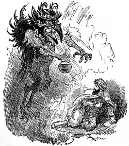 阿尔伯特-罗比达（1848-1926 年）为一个阿拉伯传说（1001 夜）（《一千零一夜的故事》）绘制的插图：一个可怕的恶魔（邪恶的精灵）向一个人赠送一瓶酒。 作者 阿尔伯特·罗比达