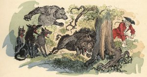 阿尔伯特-罗比达在《蒙乔生男爵的历史与冒险》（Munchhausen）中的插图，H. Laurens编辑，19世纪末。" 作者 阿尔伯特·罗比达