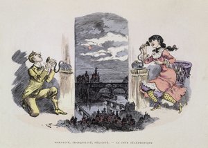 道德、安宁、幸福--电话法庭，罗比达的漫画，年代。19世纪 作者 阿尔伯特·罗比达