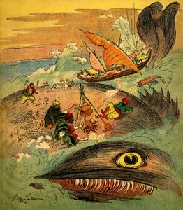 水手辛巴达 (Sinbad) - 一千零一夜的故事 (1001) - 1948 年讲述他的冒险经历的书（福廷版，童年收藏的精彩想象） - 阿尔伯特·罗比达 (Albert Robida) 插图 (1848 - 1926)：辛巴达和他的同伴们 失败的 作者 阿尔伯特·罗比达