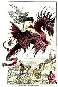 魅魔：骑着龙的女恶魔（女人 - 女性） - 由阿尔伯特·罗比达为奥诺雷·德·巴尔扎克的《Droatic Tales》绘制的插图 - 二十世纪初 作者 阿尔伯特·罗比达