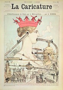 1886年6月19日，来自&39;La Caricature&39;的地铁对巴黎的改善（彩色光刻） 作者 阿尔伯特·罗比达