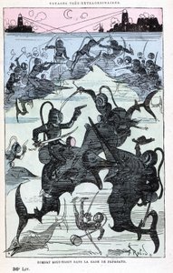 帕帕加约湾的水下战斗（船长骑鱼），模仿儒勒·凡尔纳，““土星法兰杜尔在世界 5 或 6 个地区以及儒勒·凡尔纳先生已知或未知的所有国家中非常不寻常的旅行”，罗比达， 巴黎 作者 阿尔伯特·罗比达
