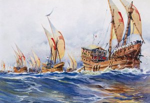 1268 年第八次十字军东征时路易九世国王的法国船只，阿尔贝-塞比耶（1874-1953 年）的水彩画